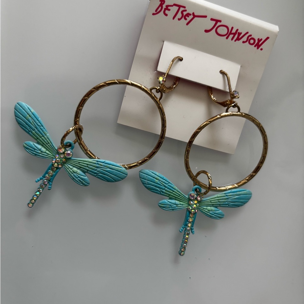 Betsey Johnson Gold and Teal Dragonfly Earrings